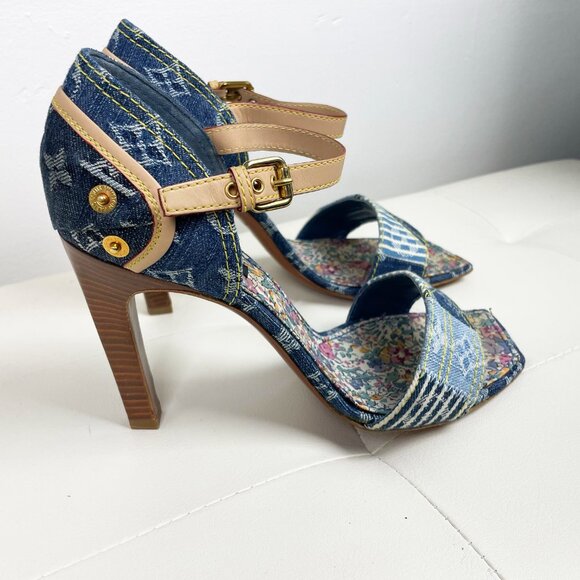 Vintage Louis Vuitton Blue Denim Monogram Heels | Unique Patchwork | S 38.5 EUC - Picture 3 of 14